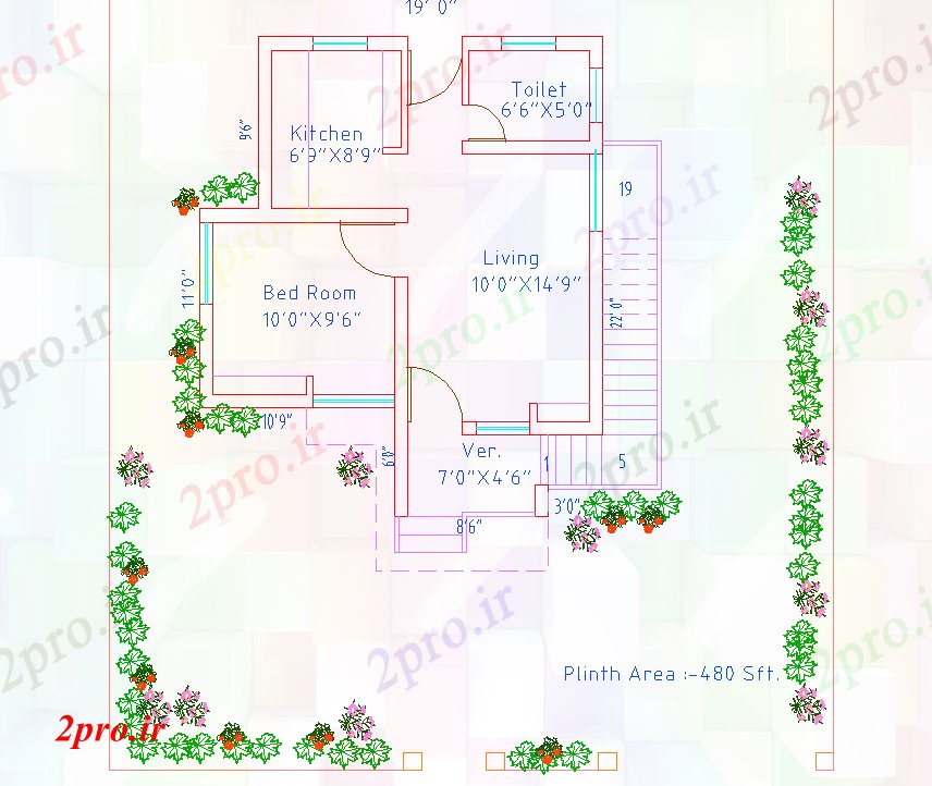 دانلود نقشه مسکونی ، ویلایی ، آپارتمان bhk طرحی خانه 6 در 7 متر (کد76831)