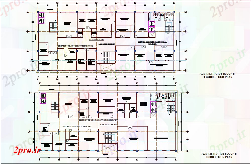 دانلود نقشه ساختمان اداری - تجاری - صنعتی اداره کل ساختمان بلوک B دوم و سوم طرحی طبقه با نمای معماری 24 در 56 متر (کد76896)