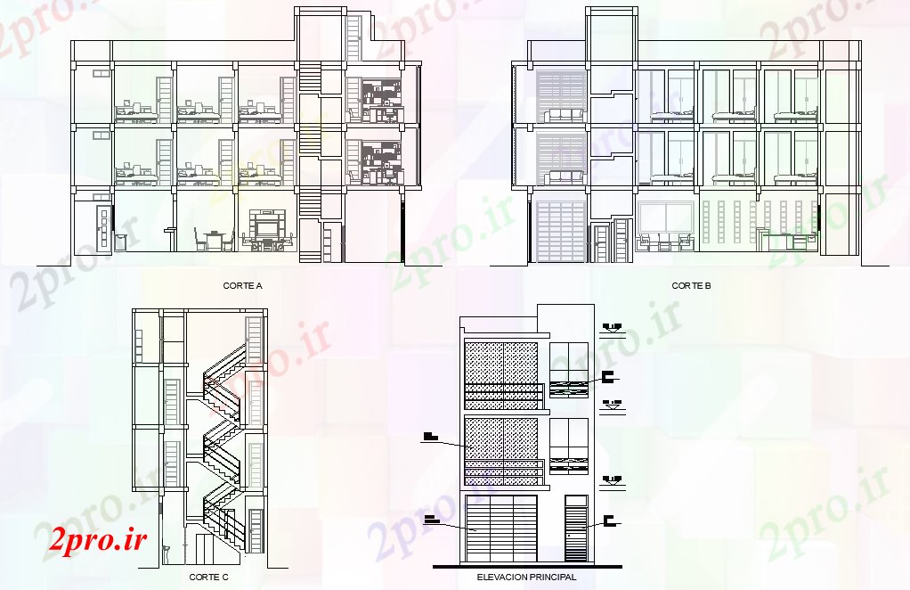 دانلود نقشه مسکونی ، ویلایی ، آپارتمان نما و بخش محل زندگی 5 در 16 متر (کد76953)