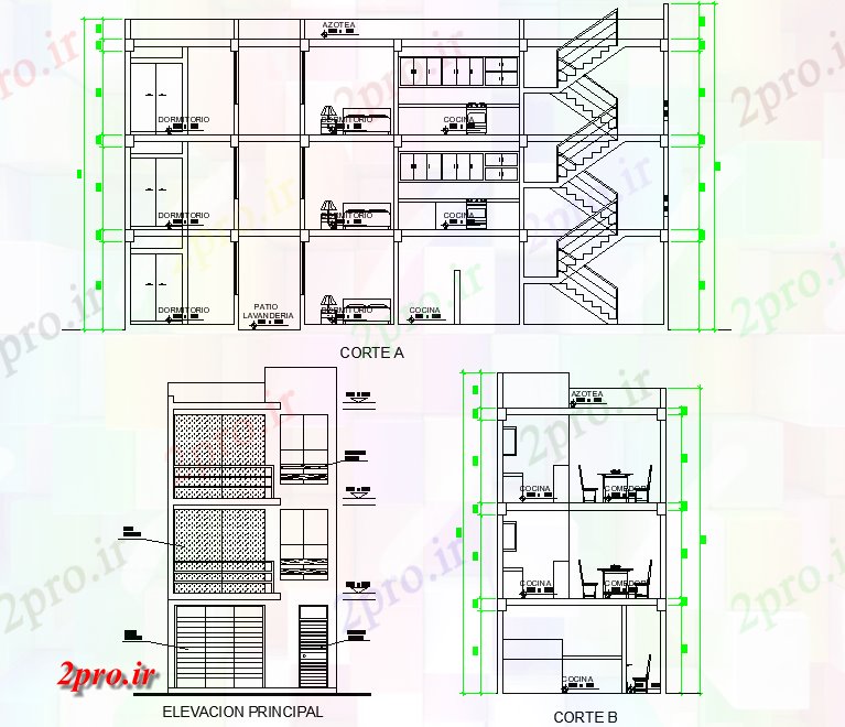 دانلود نقشه مسکونی ، ویلایی ، آپارتمان زندگی بخش محل و نما طرح 5 در 16 متر (کد76954)