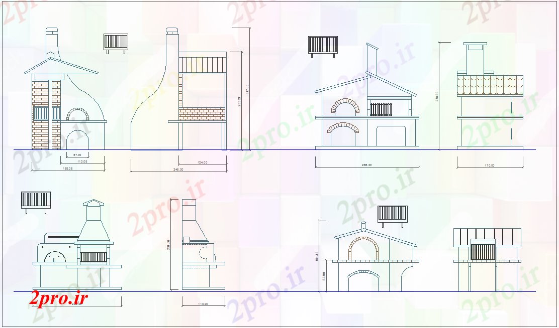 دانلود نقشه جزئیات معماری طراحی معماری ظرف با شکل های مختلف  نما (کد77026)