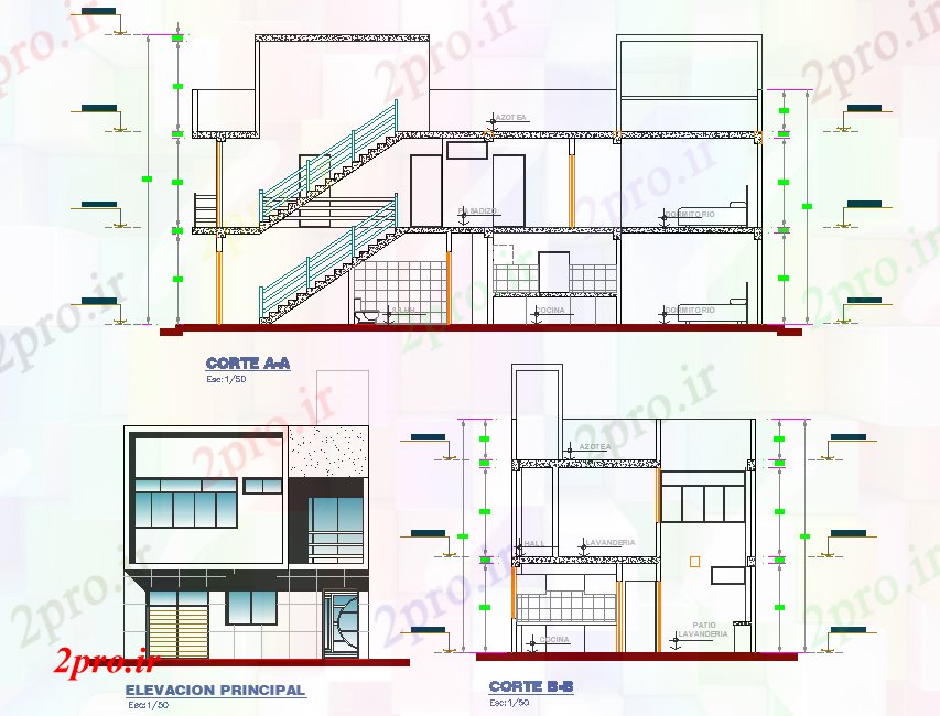 دانلود نقشه مسکونی ، ویلایی ، آپارتمان جزئیات نما و بخش خانه طرح 9 در 21 متر (کد77058)