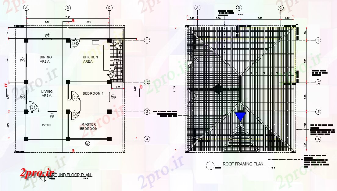 دانلود نقشه مسکونی ، ویلایی ، آپارتمان طبقه همکف و سقف خانه فریم طراحی 8 در 9 متر (کد77066)