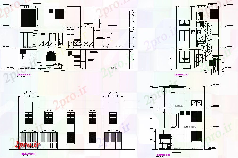 دانلود نقشه مسکونی ، ویلایی ، آپارتمان بخش و نما تک خانواده طرحی خانه 6 در 15 متر (کد77086)