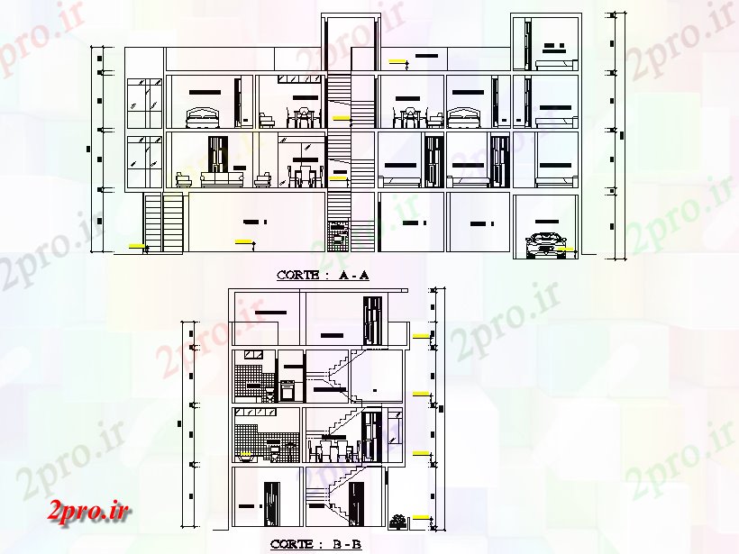 دانلود نقشه مسکونی ، ویلایی ، آپارتمان بخش تک خانواده جزئیات خانه 8 در 22 متر (کد77195)