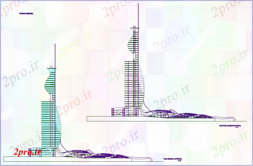دانلود نقشه ساختمان مرتفعنما و بخش نظر برج 33 در 39 متر (کد77273)