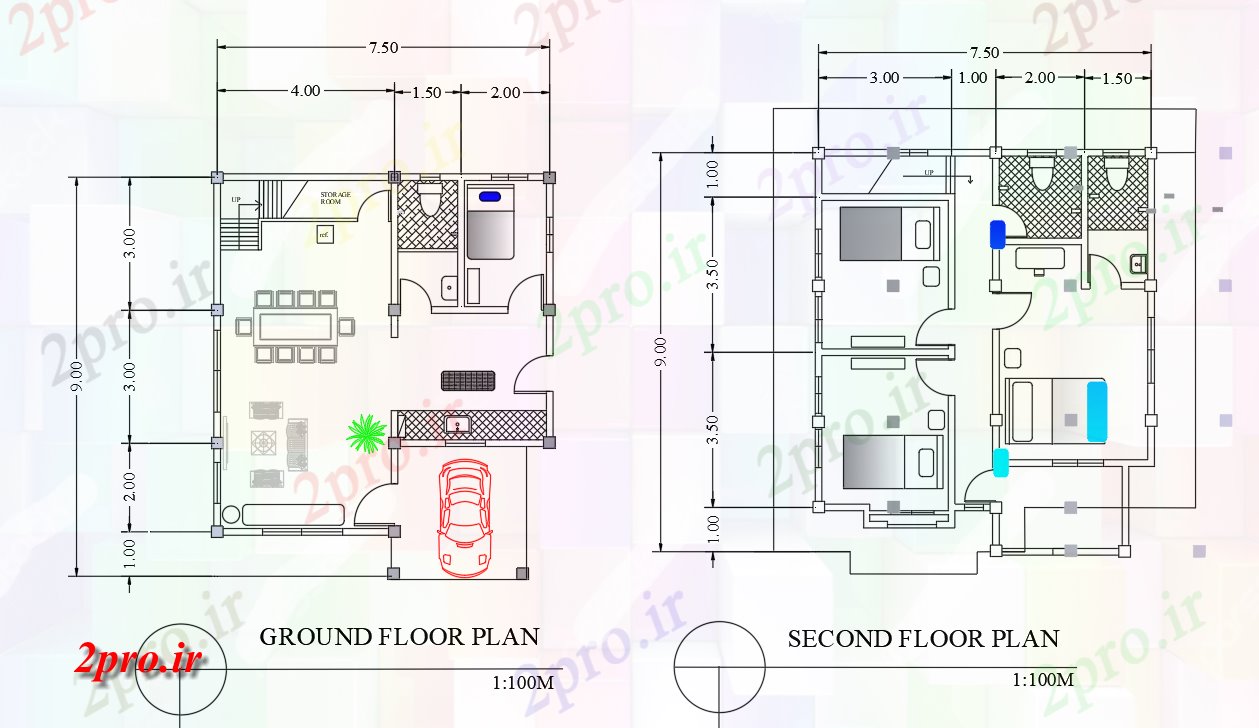 دانلود نقشه خانه های کوچک ، نگهبانی ، سازمانی - طبقه همکف و طراحی طبقه دوم 7 در 9 متر (کد77280)