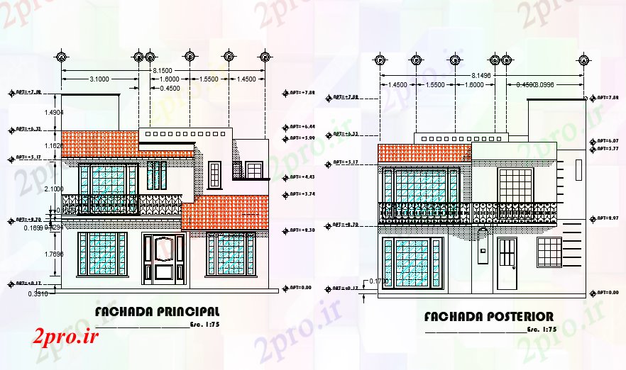 دانلود نقشه مسکونی ، ویلایی ، آپارتمان نما از طرحی خانه تسبیح جزئیات 8 در 12 متر (کد77302)