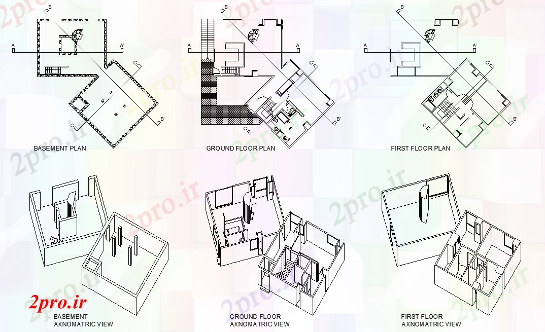 دانلود نقشه مسکونی ، ویلایی ، آپارتمان زیرزمین Axonometric و طبقه اول طرحی 17 در 17 متر (کد77314)