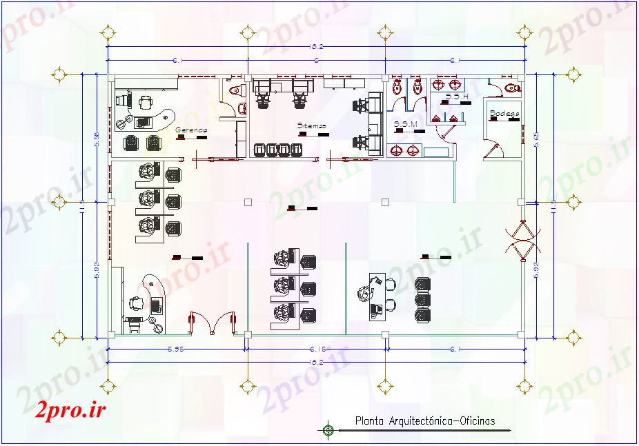 دانلود نقشه ساختمان اداری - تجاری - صنعتی معماری دفتر طرح 11 در 18 متر (کد77357)