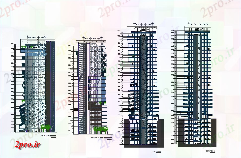 دانلود نقشه ساختمان مرتفعچند نما ساختمان کاربردی و بخش را برای بلند ساخت 33 در 45 متر (کد77392)