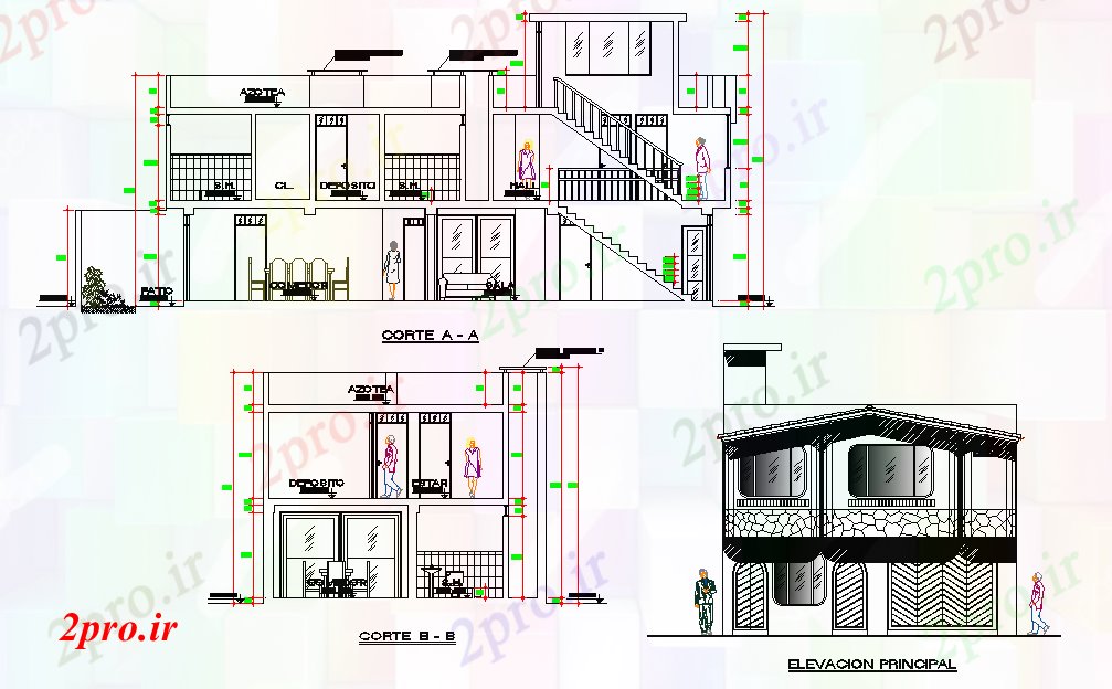 دانلود نقشه مسکونی ، ویلایی ، آپارتمان نما و بخش طرحی خانه طرحی جزئیات 9 در 16 متر (کد77422)