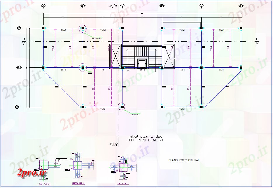 دانلود نقشه جزئیات ساختار طبقه 2 تا 7 طرحی ساختاری برای محل دفتر (کد77429)