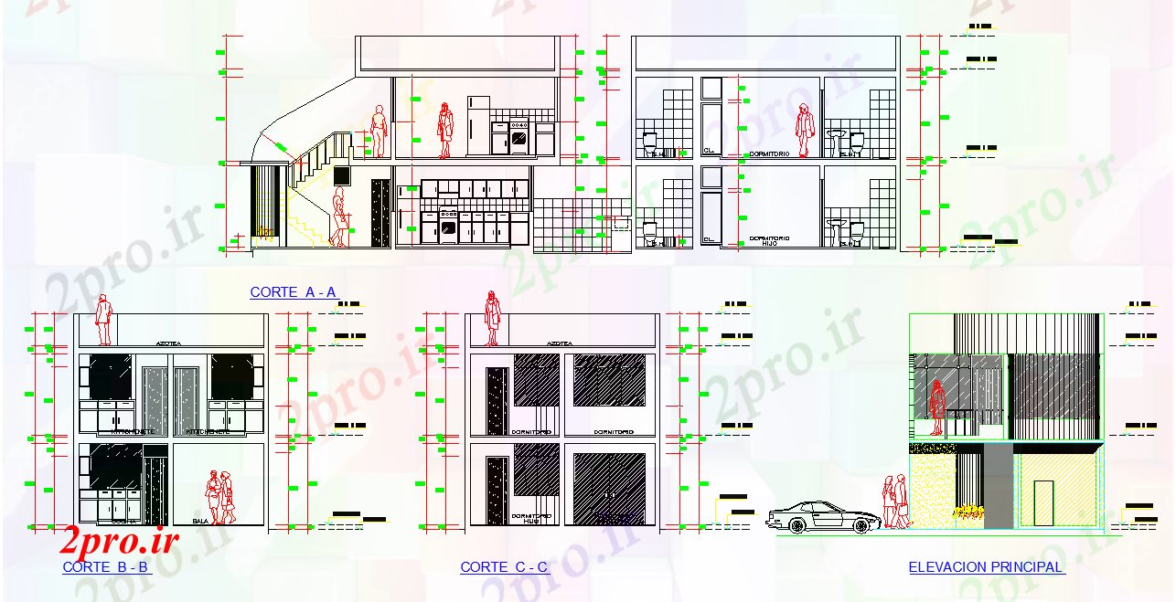 دانلود نقشه مسکونی ، ویلایی ، آپارتمان نما و بخش خانه خانواده پروژه کامل چیدمان 7 در 18 متر (کد77437)