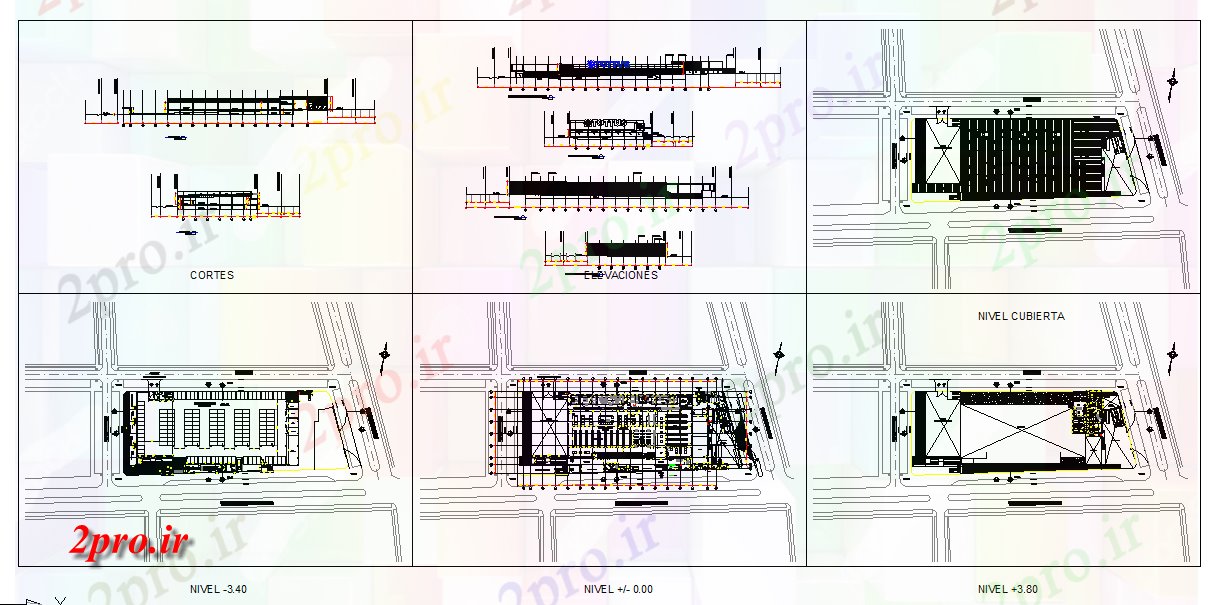 دانلود نقشه هایپر مارکت - مرکز خرید - فروشگاه مرکز خرید طراحی معماری طرحی و نمای جزئیات 54 در 131 متر (کد77490)