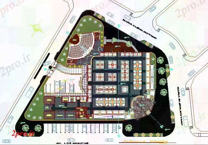 دانلود نقشه هایپر مارکت - مرکز خرید - فروشگاه شهرستان جزئیات محوطه سازی بازار با طرح 48 در 63 متر (کد77502)