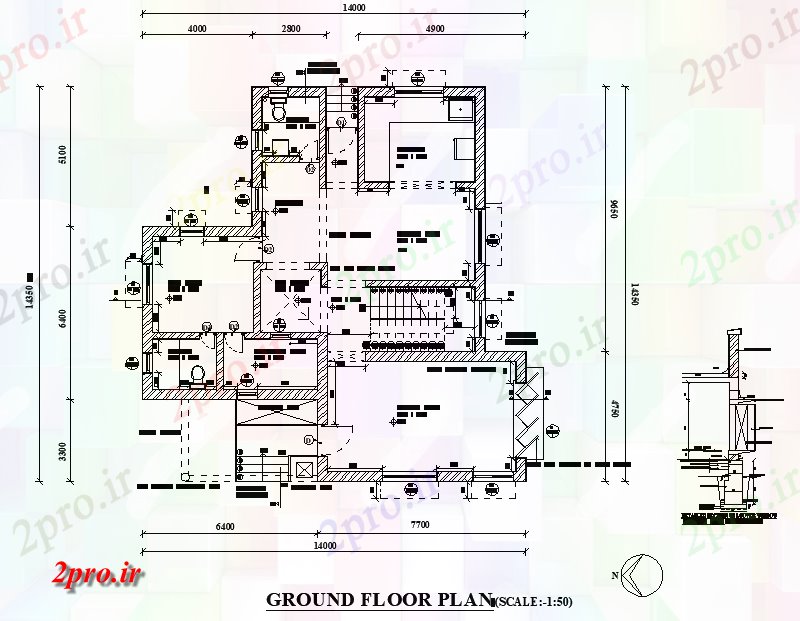 دانلود نقشه خانه های کوچک ، نگهبانی ، سازمانی - طبقه همکف ویلا طرح 14 در 15 متر (کد77520)