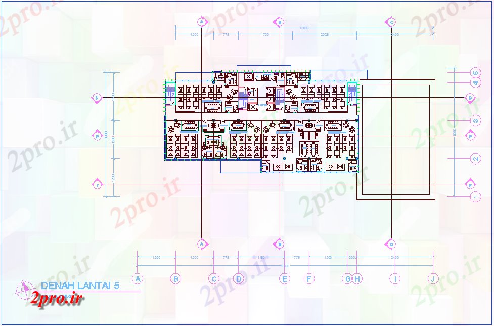 دانلود نقشه ساختمان اداری - تجاری - صنعتی دفتر طرحی طبقه پنجم با افسر دفتر 45 در 94 متر (کد77555)