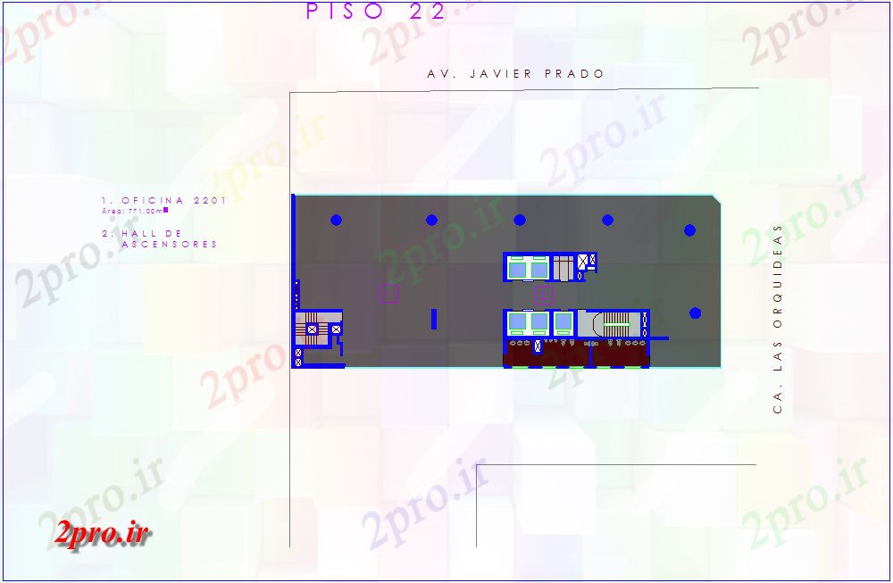 دانلود نقشه ساختمان اداری - تجاری - صنعتی طرحی طبقه با نمای معماری دفتر 22 شماره پرونده طبقه 45 در 49 متر (کد77600)