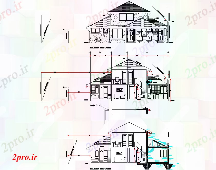 دانلود نقشه مسکونی ، ویلایی ، آپارتمان جزئیات نما و بخش خانه 11 در 15 متر (کد77679)