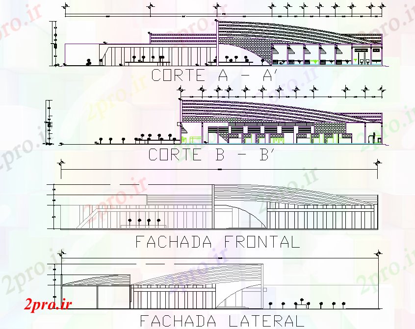 دانلود نقشه ساختمان اداری - تجاری - صنعتی نما و بخش بازار 32 در 50 متر (کد77715)