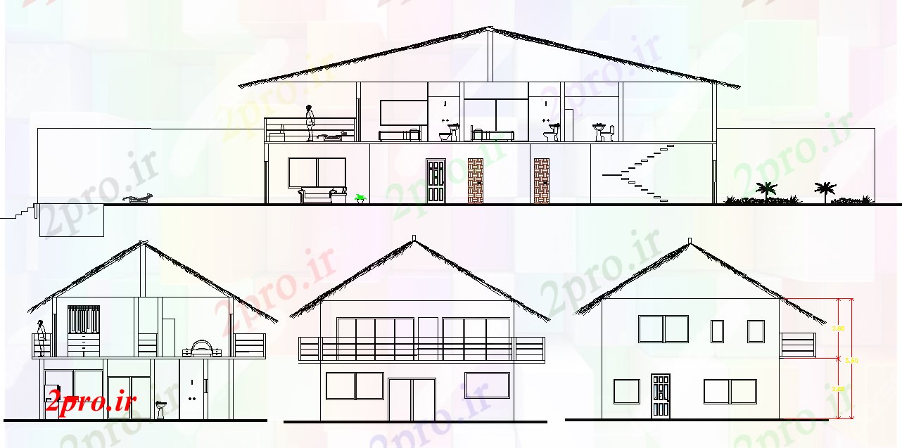 دانلود نقشه مسکونی ، ویلایی ، آپارتمان نما و بخش خانه ساحل طراحی 12 در 21 متر (کد77759)