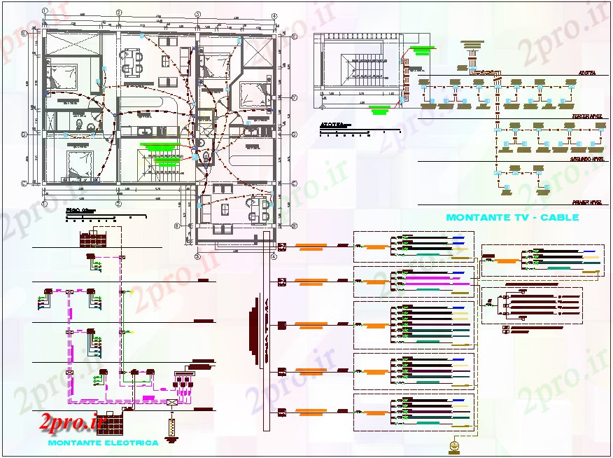 دانلود نقشه طراحی داخلی طبقه سوم و طرحی سقف کابل TV و تلفن  خط برق برای مسکن   (کد77778)