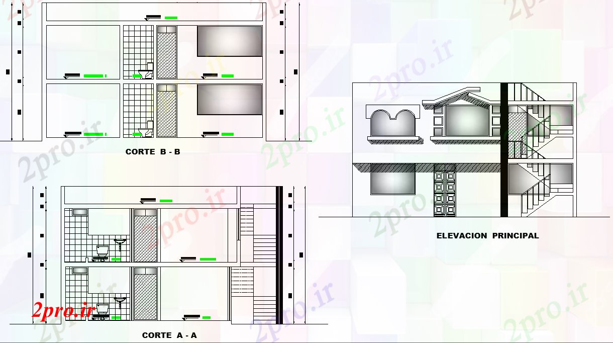 دانلود نقشه مسکونی ، ویلایی ، آپارتمان نما و بخش خانواده طرحی خانه 10 در 10 متر (کد77837)