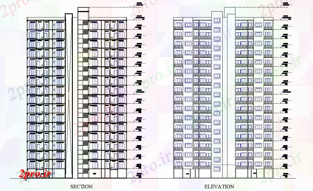 دانلود نقشه مسکونی ، ویلایی ، آپارتمان بخش و نما مسکن شهری 16 در 34 متر (کد77912)