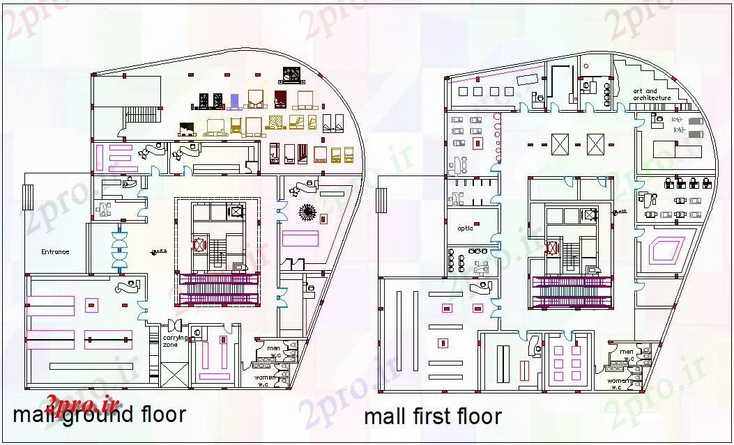 دانلود نقشه هایپر مارکت - مرکز خرید - فروشگاه بازار با خرید منطقه با طبقه همکف و طبقه اول 36 در 42 متر (کد77937)