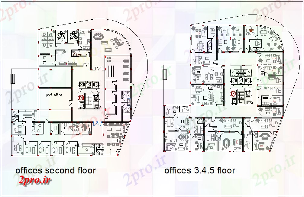 دانلود نقشه ساختمان اداری - تجاری - صنعتی دوم به طرحی طبقه پنجم مساحت دفتر (کد77948)