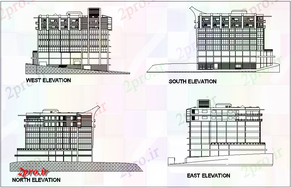 دانلود نقشه جزئیات معماری غرب، جنوب، شمال و نما در شرق ساختمان فاده می شود مخلوط با  معماری (کد77949)