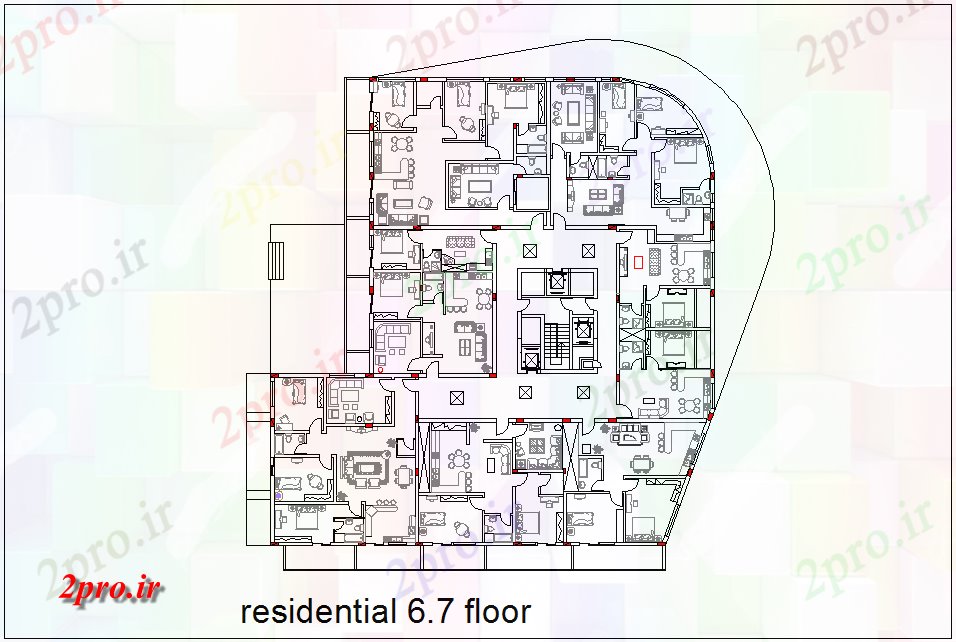 دانلود نقشه جزئیات معماری طرحی طبقه مسکونی شش و هفت برای مخلوط ساختمان فاده می شود (کد77953)
