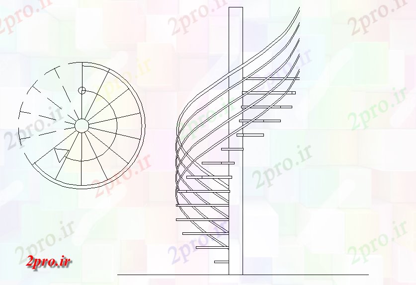 دانلود نقشه جزئیات ساخت و ساز طرحی پله اسپیرال و بخش  چیدمان (کد77957)