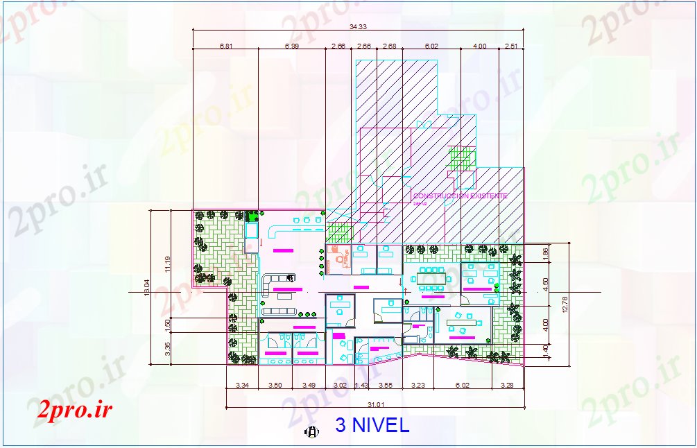 دانلود نقشه ساختمان اداری - تجاری - صنعتی معماری از طرحی طبقه سوم برای های اداری 16 در 31 متر (کد77976)