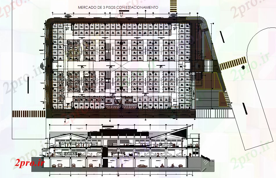 دانلود نقشه هایپر مارکت - مرکز خرید - فروشگاه مجتمع تجاری جزئیات پروژه اتوکد 41 در 65 متر (کد78101)