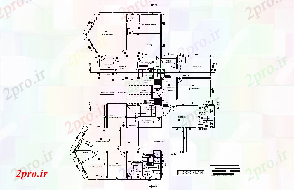 دانلود نقشه ساختمان دولتی ، سازمانی طرحی مهندس طبقه دفتر با نمای معماری و منطقه جزئیات 10 در 13 متر (کد78102)