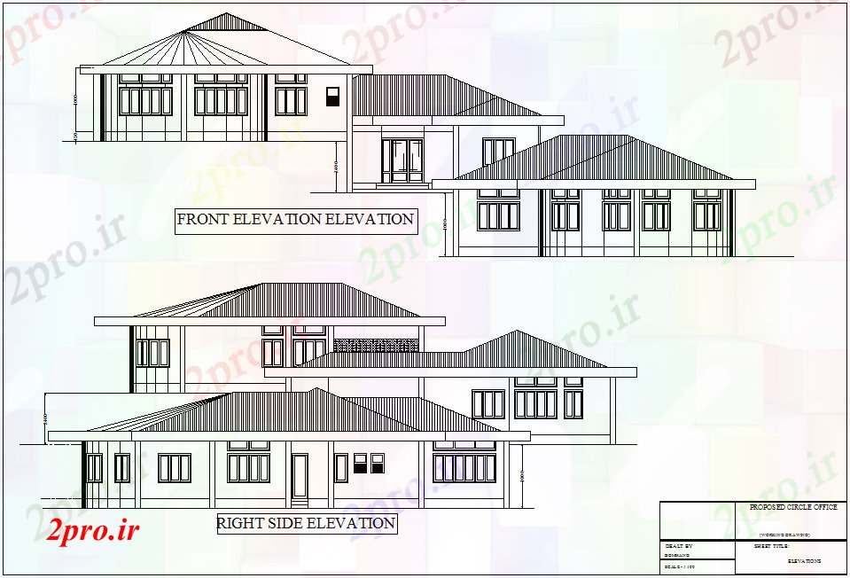 دانلود نقشه ساختمان دولتی ، سازمانی نمای با نمای محور مختلف برای ساخت و ساز مهندس برای دولت 10 در 13 متر (کد78103)
