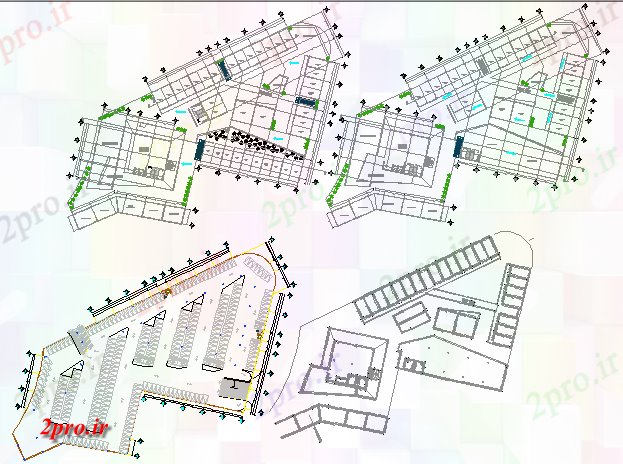 دانلود نقشه هایپر مارکت  - مرکز خرید - فروشگاه چهار دان تجاری طرحی طبقه پیچیده جزئیات (کد78110)