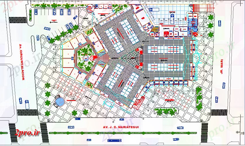 دانلود نقشه هایپر مارکت - مرکز خرید - فروشگاه جزئیات زمین طراحی طبقه با محوطه سازی از مرکز خرید 82 در 107 متر (کد78115)