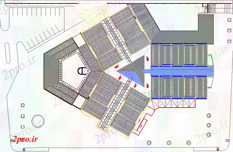 دانلود نقشه هایپر مارکت - مرکز خرید - فروشگاه اصلاح سقف جزئیات باران زا از مرکز خرید 82 در 107 متر (کد78119)
