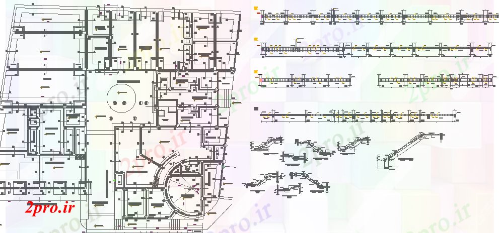 دانلود نقشه هایپر مارکت - مرکز خرید - فروشگاه جزئیات تجاری ساختار پیچیده با ستون و راه پله 26 در 28 متر (کد78127)