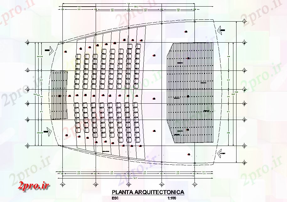 دانلود نقشه تئاتر چند منظوره - سینما - سالن کنفرانس - سالن همایشاتاق تئاتر طرحی جزئیات 17 در 17 متر (کد78159)