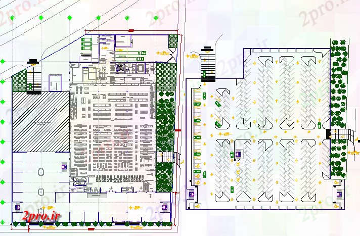 دانلود نقشه هایپر مارکت - مرکز خرید - فروشگاه محوطه سازی با طرحی ساختاری تجاری پیچیده 111 در 133 متر (کد78201)