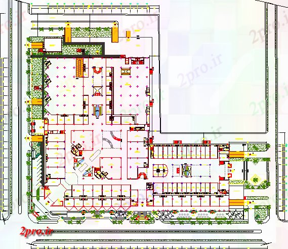 دانلود نقشه هایپر مارکت - مرکز خرید - فروشگاه جزئیات محوطه سازی خرید مینی مرکز 172 در 208 متر (کد78233)