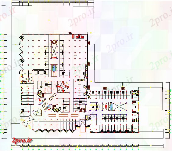 دانلود نقشه هایپر مارکت - مرکز خرید - فروشگاه جزئیات طراحی طبقه دوم مرکز خرید 208 در 232 متر (کد78234)