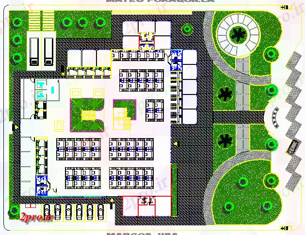 دانلود نقشه هایپر مارکت - مرکز خرید - فروشگاه طرحی سایت با محوطه سازی جزئیات از مرکز خرید 49 در 54 متر (کد78250)