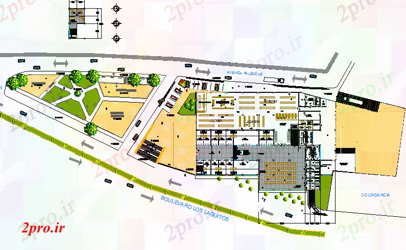 دانلود نقشه هایپر مارکت - مرکز خرید - فروشگاه تجاری مربع محوطه سازی بازار فوق العاده با طراحی 58 در 84 متر (کد78258)
