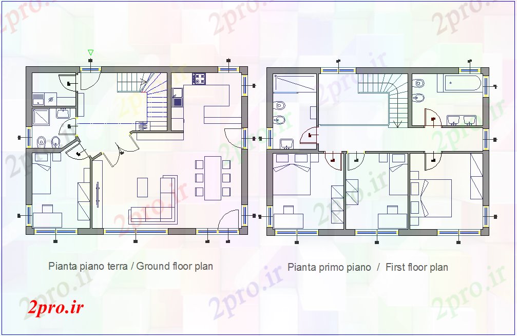 دانلود نقشه مسکونی ، ویلایی ، آپارتمان معماری طرحی خانواده با طبقه همکف و طبقه اول 9 در 11 متر (کد78270)