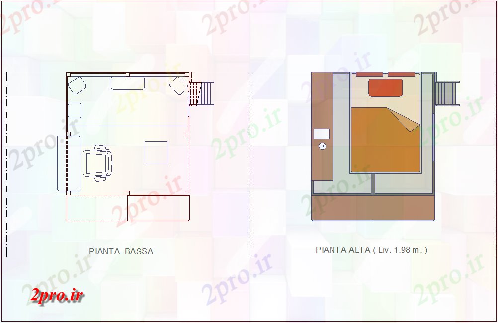 دانلود نقشه دو تخته قانون و طرحی بالا از تخت خواب دو نفره با مبلمان 2 در 3 متر (کد78272)